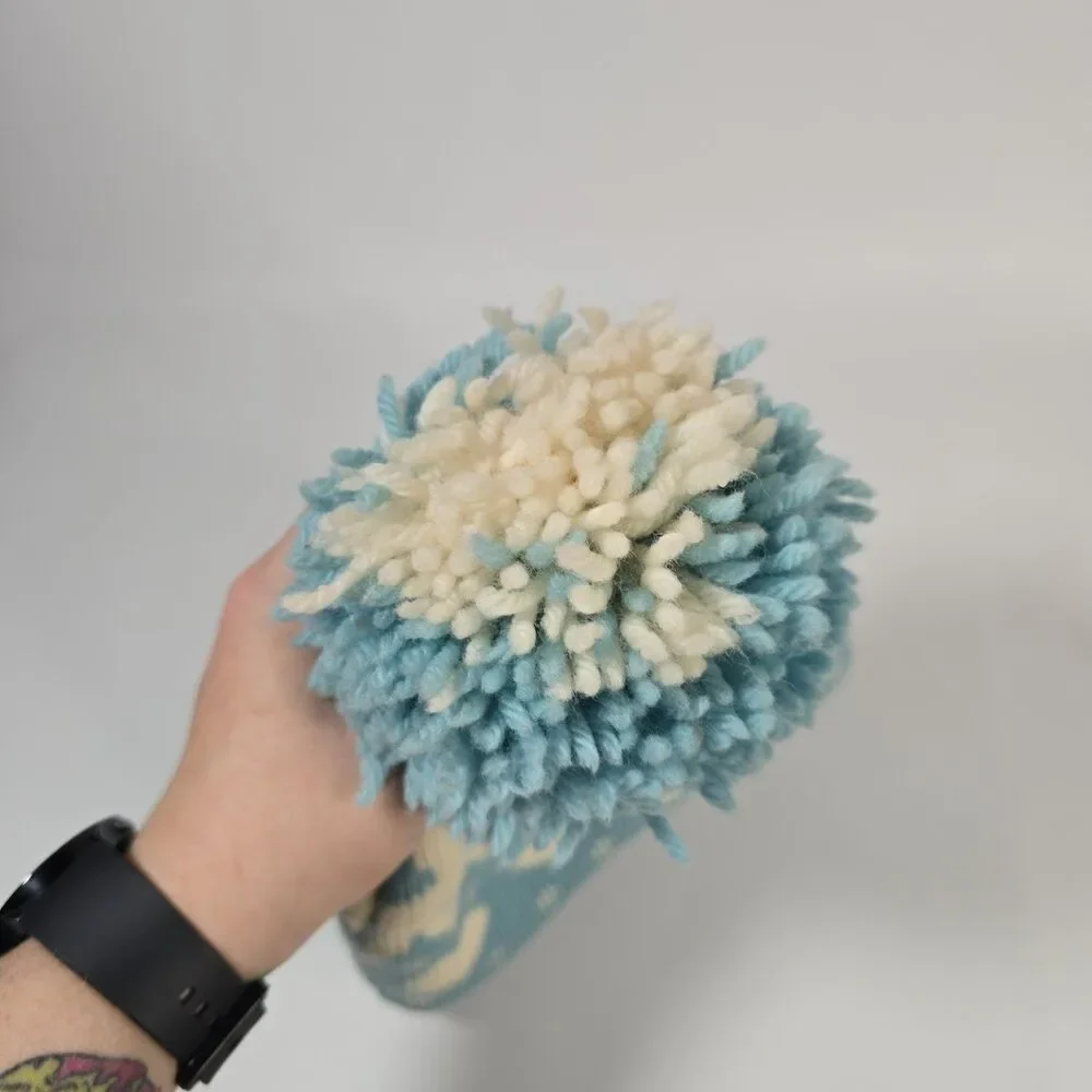 Winter Beanie Hat Knit With Pure 100% Wool Pompom Blue White HEARTS Cottagecore
